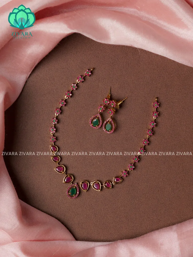 RUBY AND GREEN -TEAR MOTIF- stylish and minimal elegant neckwear with earrings- Zivara Fashion