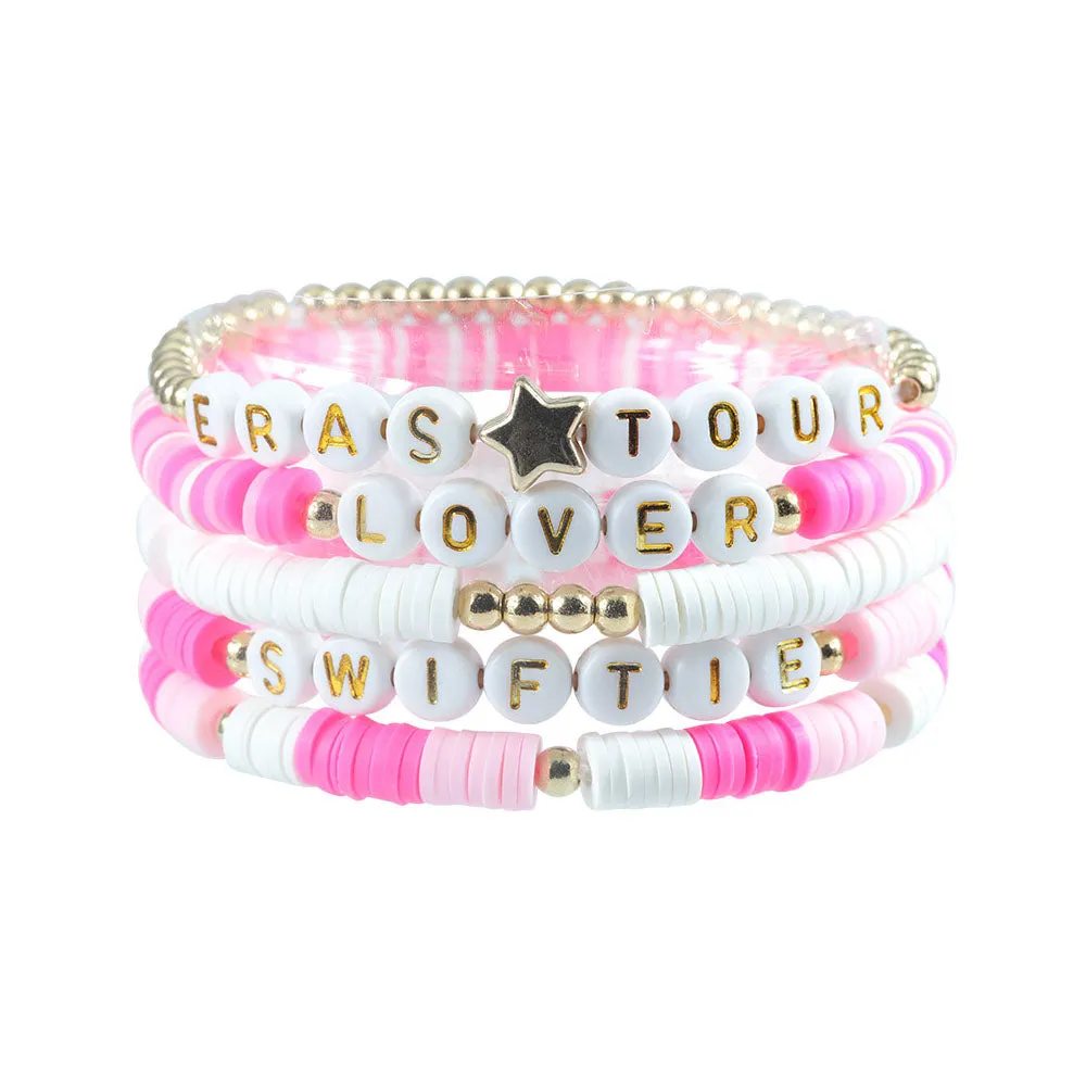 Set of 5Pcs Taylor Inspired Beaded Bracelets Fans Friendship Bracelet Pinks Gifts for Music Lovers Pink