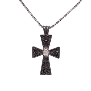 Silver and Black Rhodium Raw Diamond Filigree Cross
