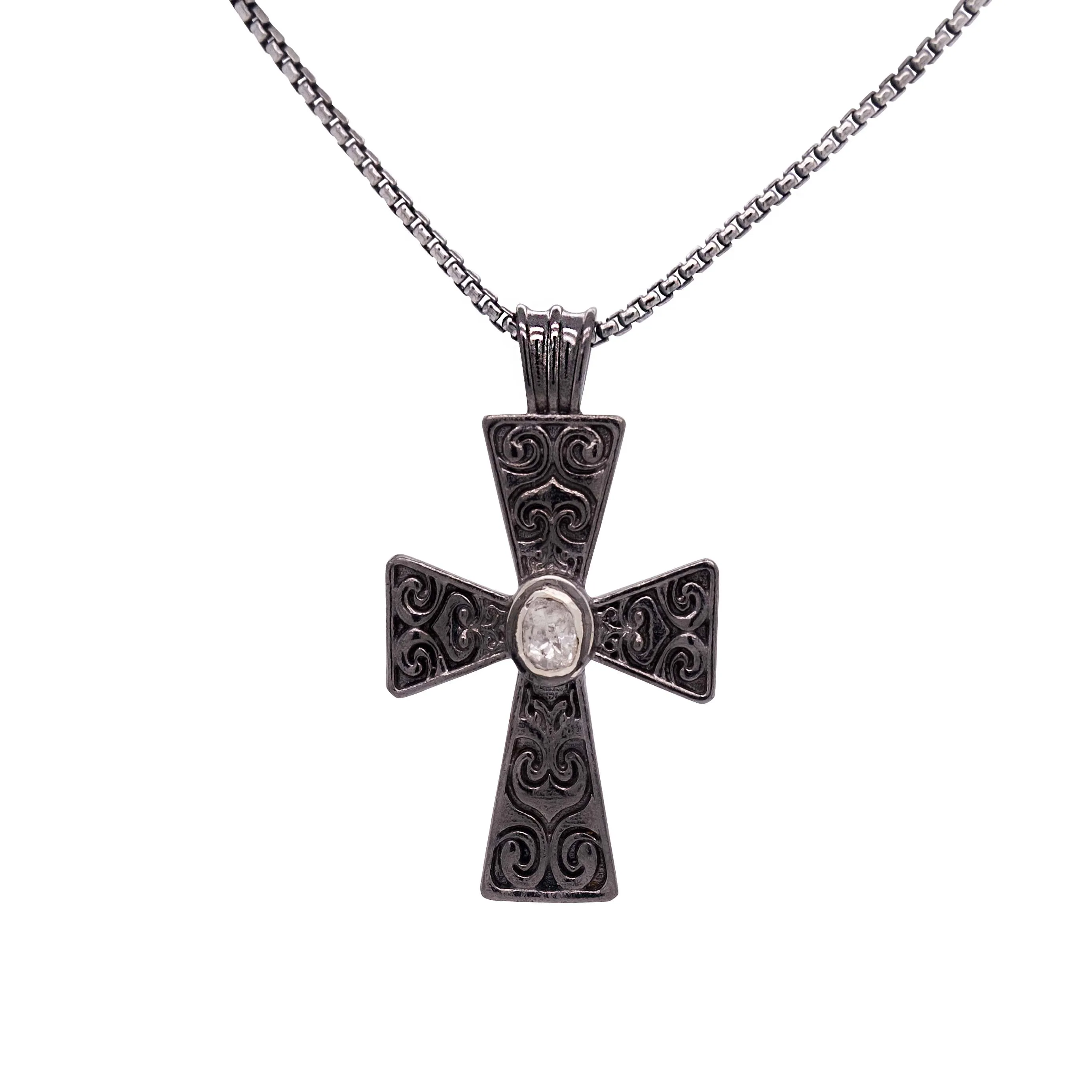 Silver and Black Rhodium Raw Diamond Filigree Cross