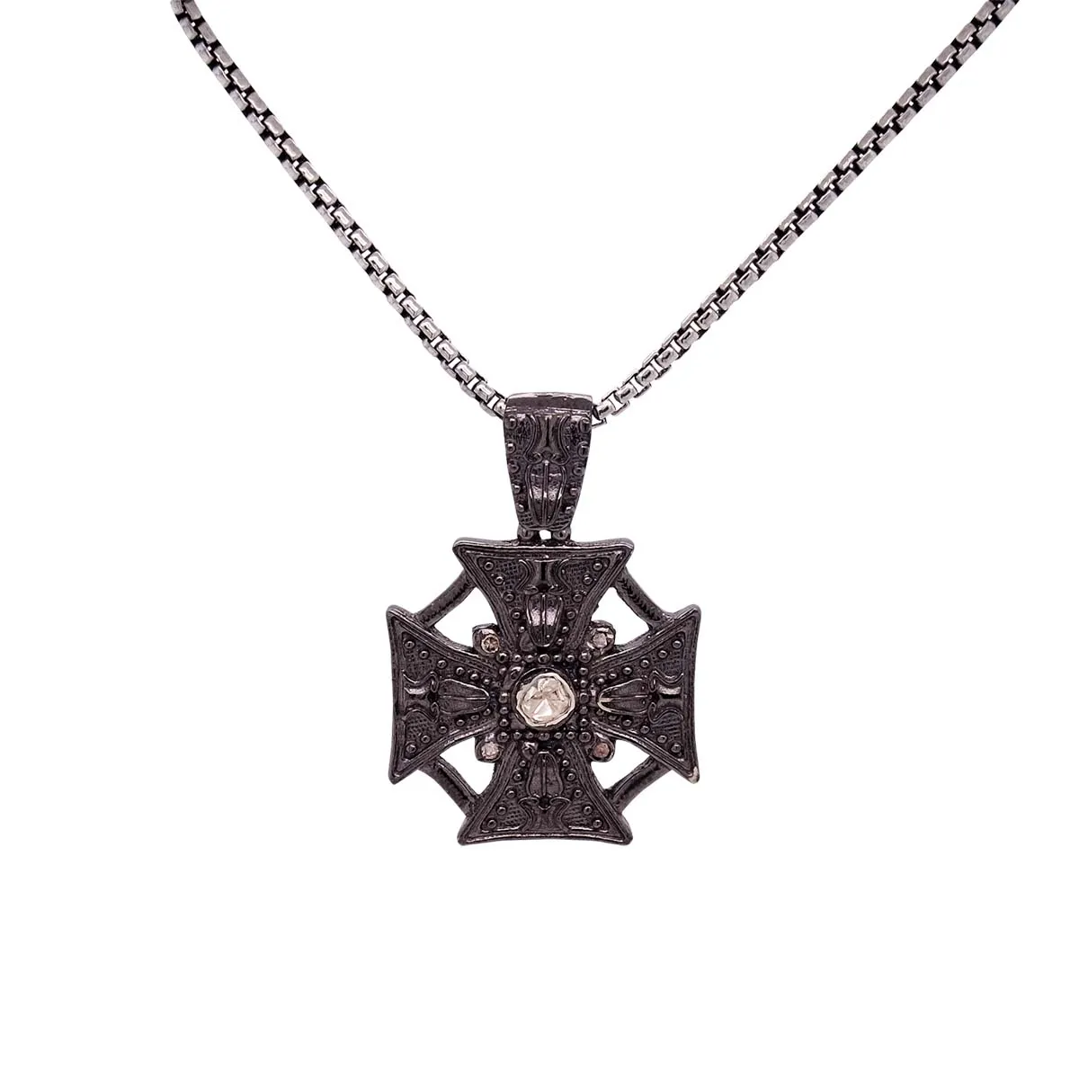Silver and Black Rhodium Raw Diamond Maltese Cross Pendant