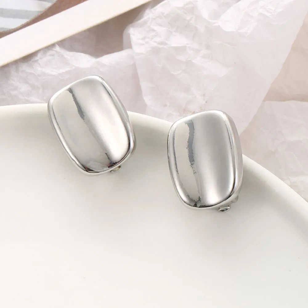 Silver Concave Rectangle Clip On Stud Earrings