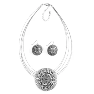 Silver Oxidized Pendant Necklace And Earrings Set #SCE43587SIL(TA7)