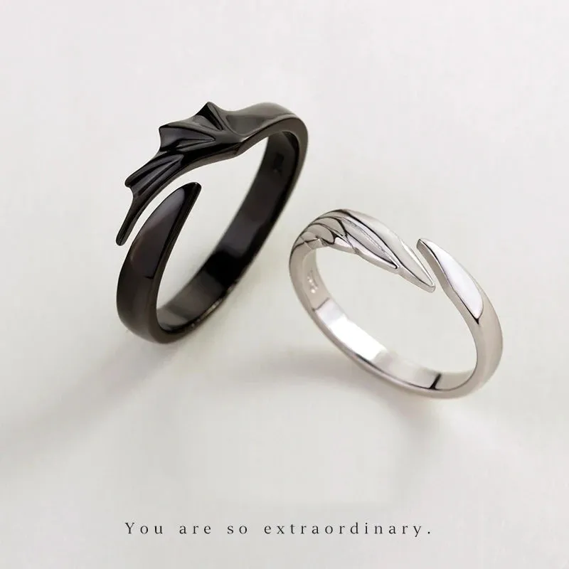 Silver/Black Angel Wings Adjustable Ring