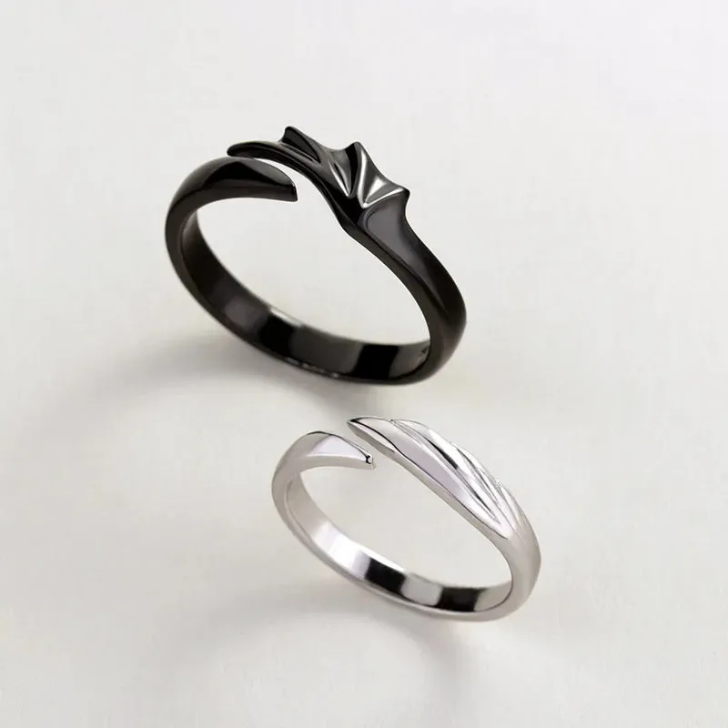 Silver/Black Angel Wings Adjustable Ring