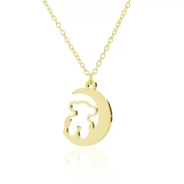 Stainless Steel Moon Bear Necklace Jewelry Women Fashion Animal Necklace Party Accessories Mama Bear Gift
