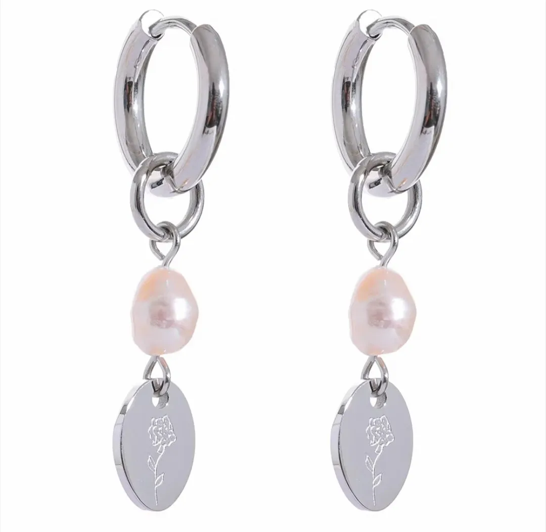 Stainless Steel Natural Pearl Charm Flower Drop Chic Earrings.