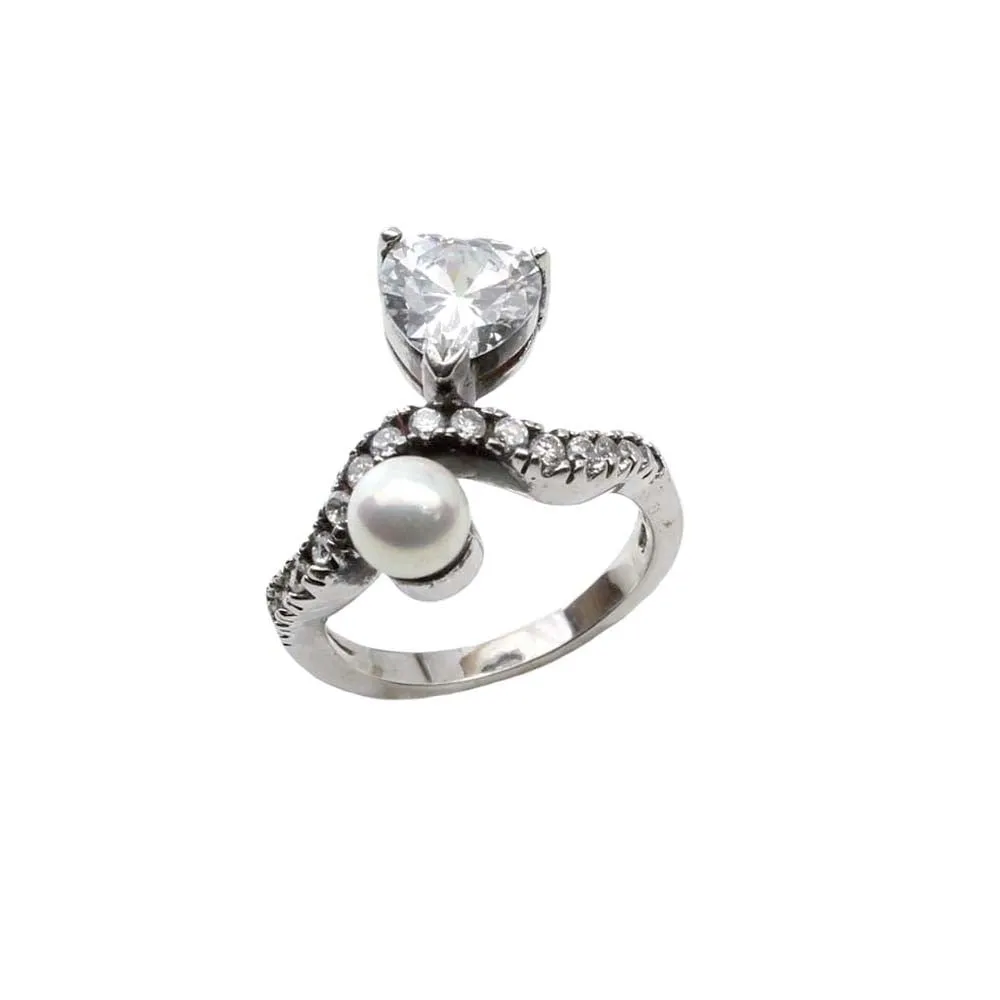 Sterling Silver Heart Women Ring Pearl CZ Studded