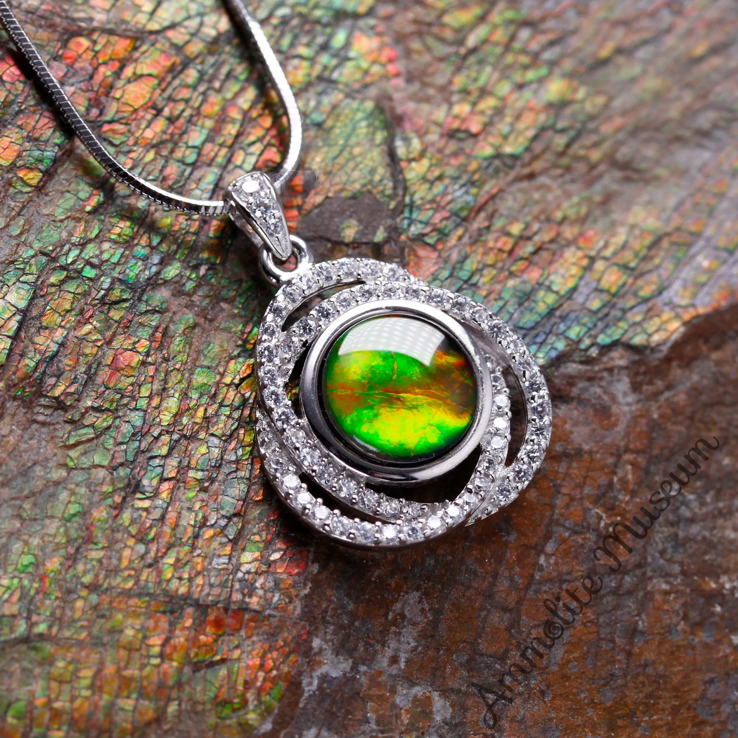 Sterling Silver Round Ammolite Pendant with Swarovski Crystal