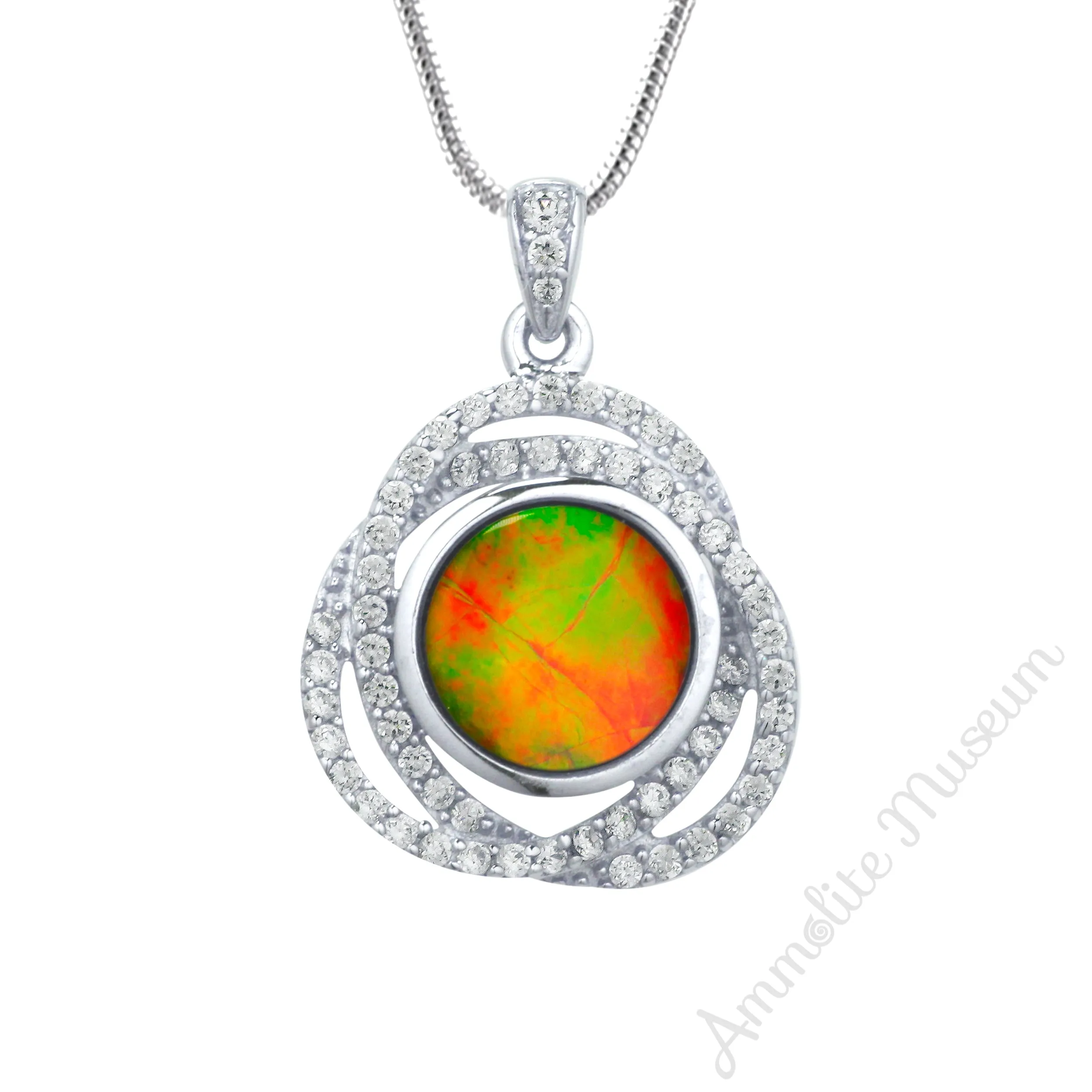 Sterling Silver Round Ammolite Pendant with Swarovski Crystal