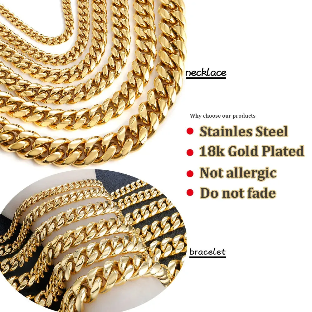 Stunning Miami Cuban Link 8-16mm Stainless Steel Necklace & Bracelet for Men & Women – Bold Hip Hop Jewelry Gift