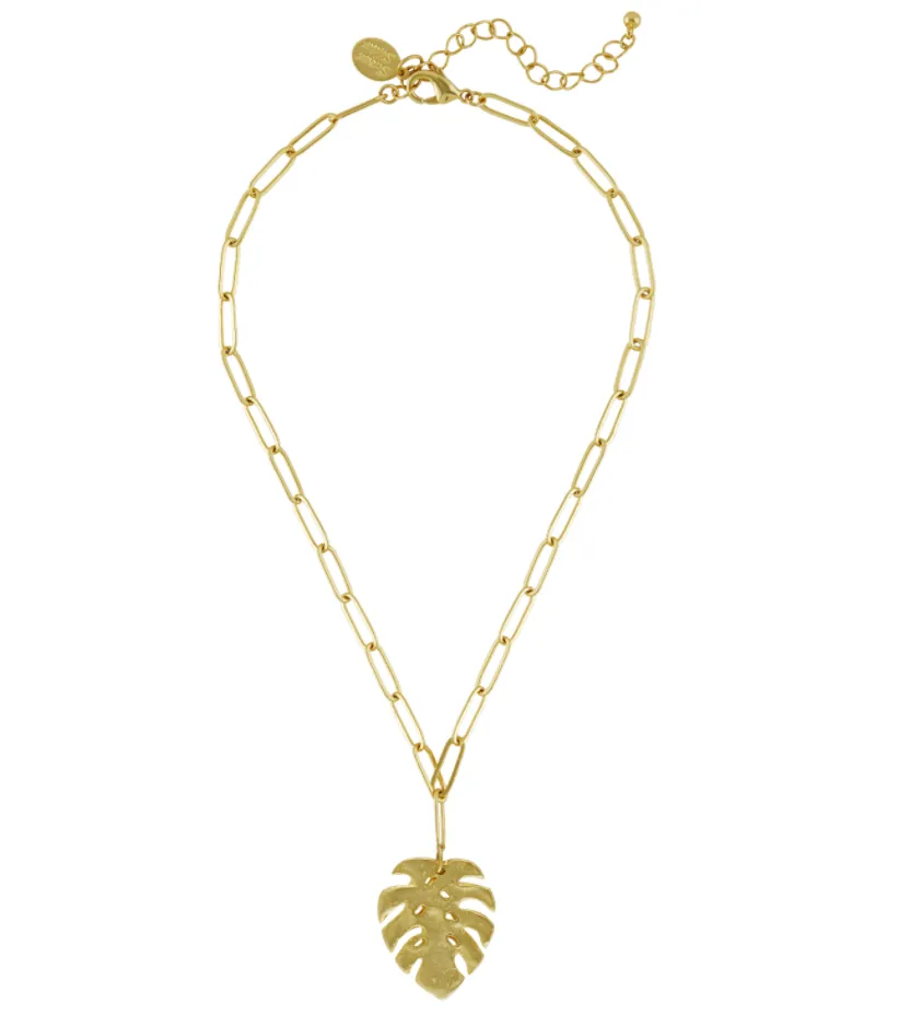 Susan Shaw Handcast Gold Monstera Leaf on Paperclip Chain Necklace