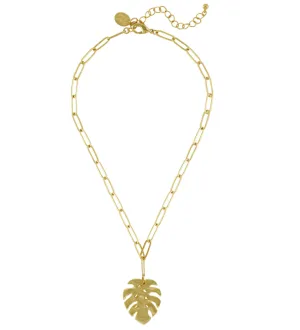 Susan Shaw Handcast Gold Monstera Leaf on Paperclip Chain Necklace