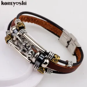 Tibetan silver men leather bracelet