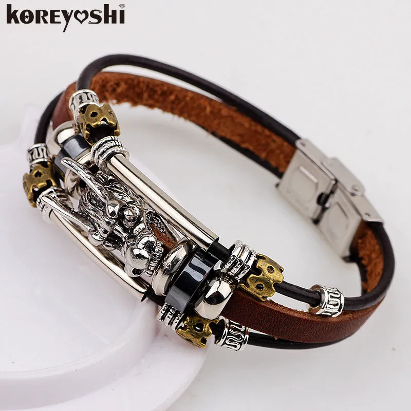 Tibetan silver men leather bracelet