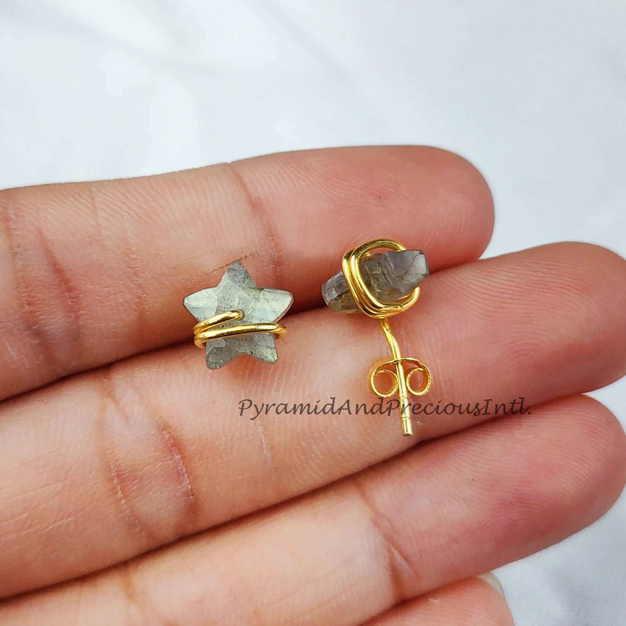 Tiny Labradorite studs, star shape jewelry, wire wrap earrings, minimalist crystal jewelry, boho earrings, Sold By Pair
