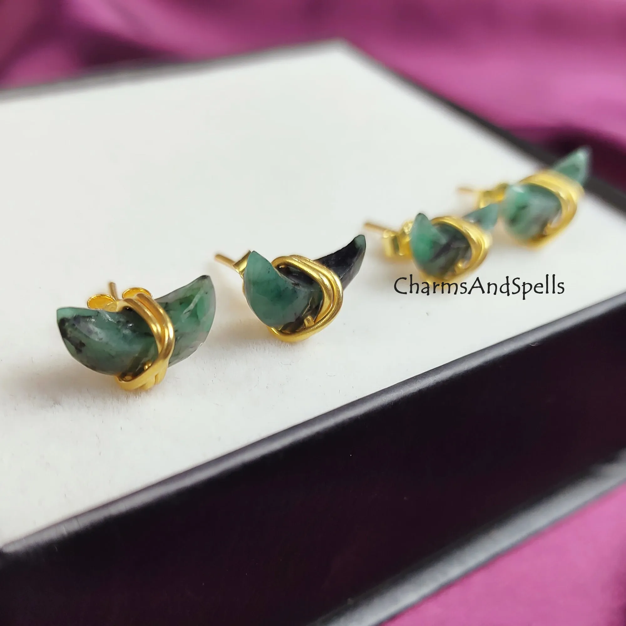 Tiny Natural Emerald Stud Earrings, Crescent Moon shape, 14K Gold Plated Minimalist Studs, May Birthstone, Green Studs, Half Moon Earrings