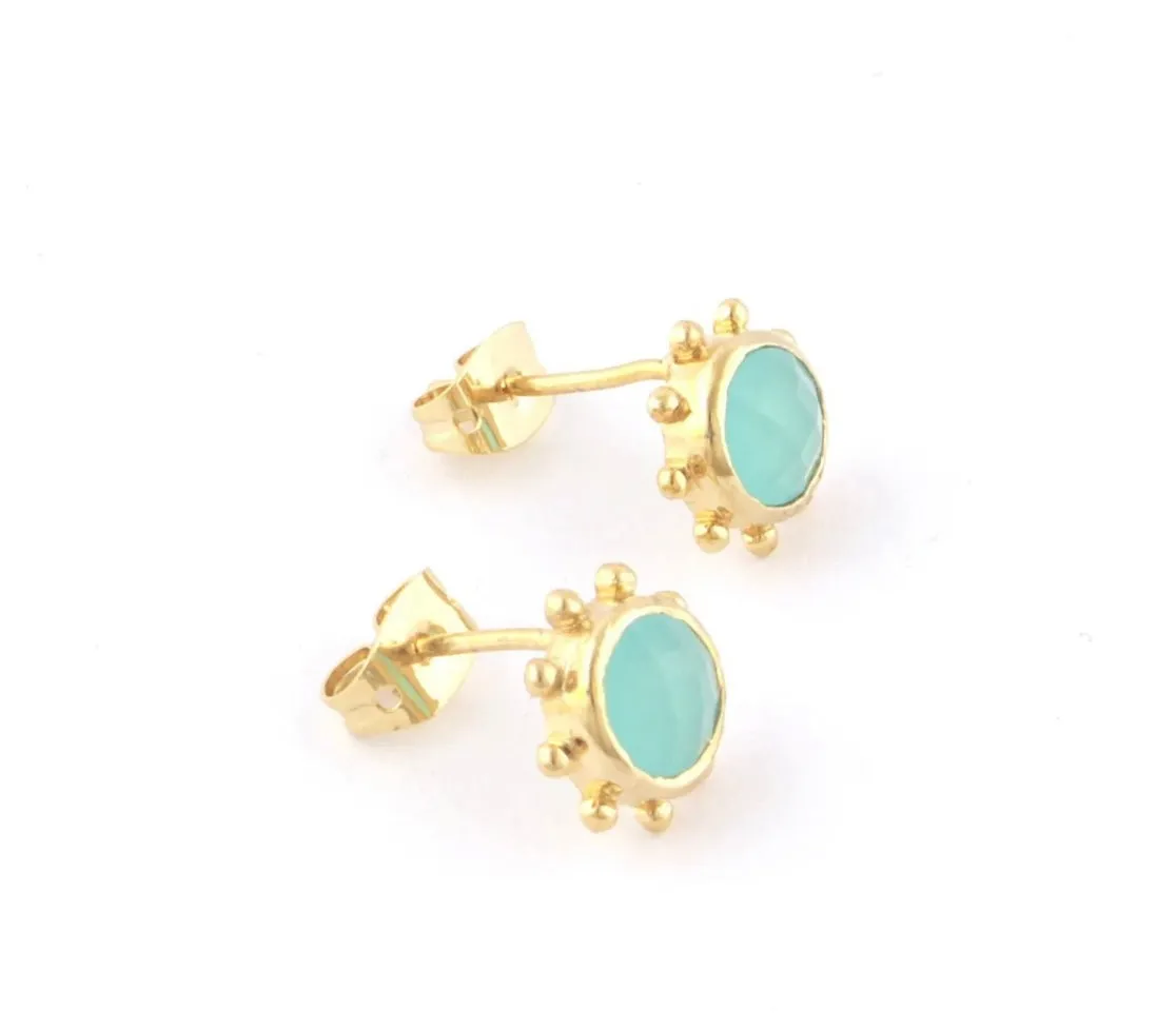 Tiny Nautical Aqua Chalcedony Gemstone Studs 0.39"