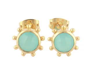 Tiny Nautical Aqua Chalcedony Gemstone Studs 0.39"