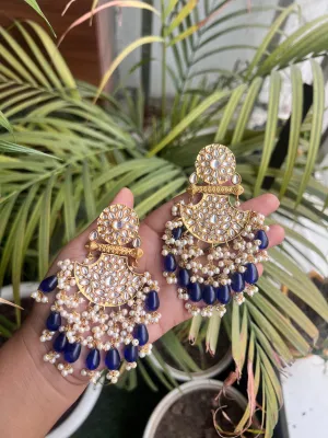 Traditional Jaipuri Kundan Heavy Jhumki Dangler Earrings in Elegant Blue