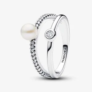 Treated Freshwater Cultured Pearl & Pavé Double Band Ring