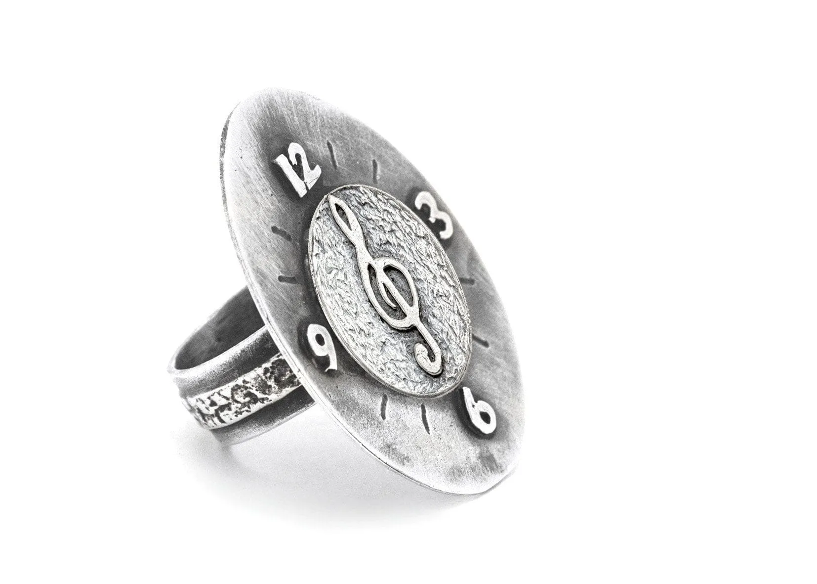 Treble Klef Musical Coin Medallion Clock Ring