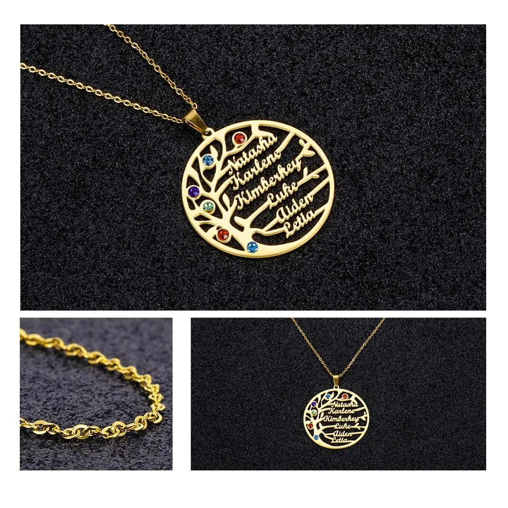 Unisex Personalised Stainless Steel Birthstone Family Tree Names Pendant Necklaces