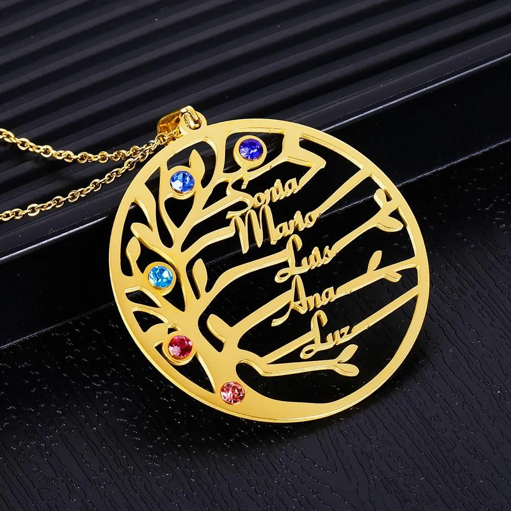 Unisex Personalised Stainless Steel Birthstone Family Tree Names Pendant Necklaces