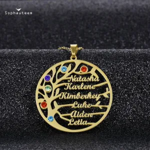 Unisex Personalised Stainless Steel Birthstone Family Tree Names Pendant Necklaces