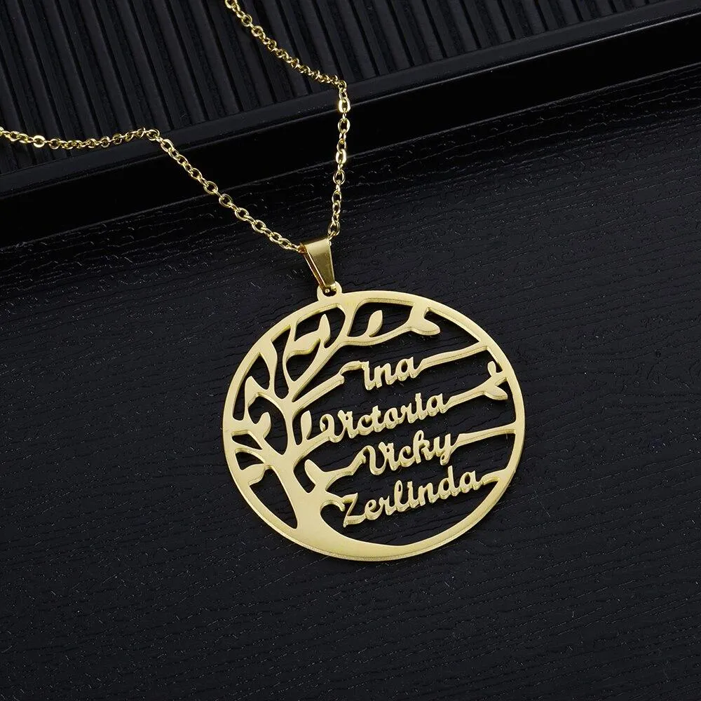 Unisex Personalised Stainless Steel Birthstone Family Tree Names Pendant Necklaces