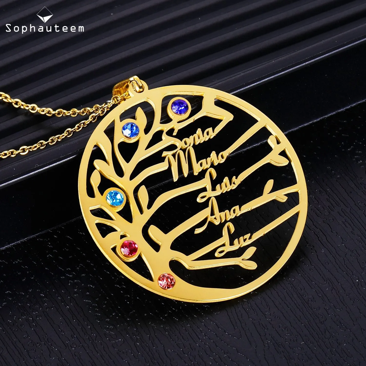 Unisex Personalised Stainless Steel Birthstone Family Tree Names Pendant Necklaces