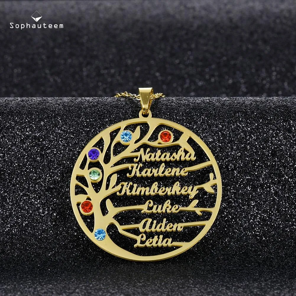 Unisex Personalised Stainless Steel Birthstone Family Tree Names Pendant Necklaces
