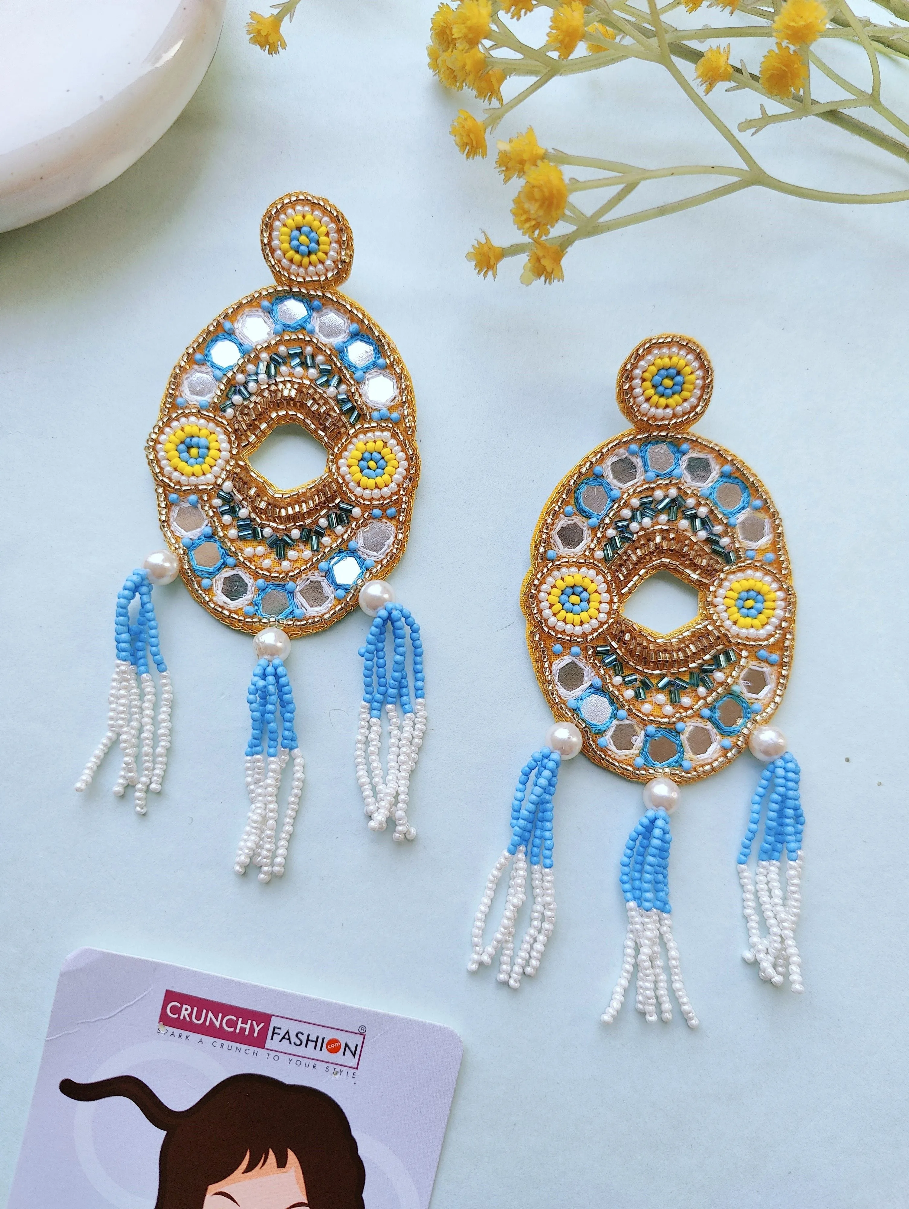 Vibrant Fusion: Yellow and Sky-Blue Handcrafted Beaded Earrings for Haldi Mehndi