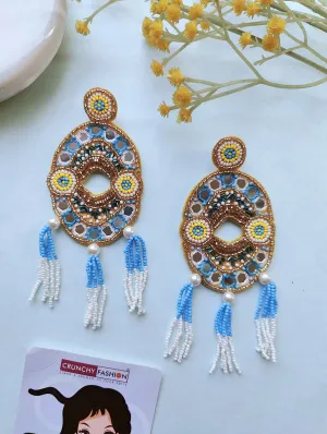Vibrant Fusion: Yellow and Sky-Blue Handcrafted Beaded Earrings for Haldi Mehndi