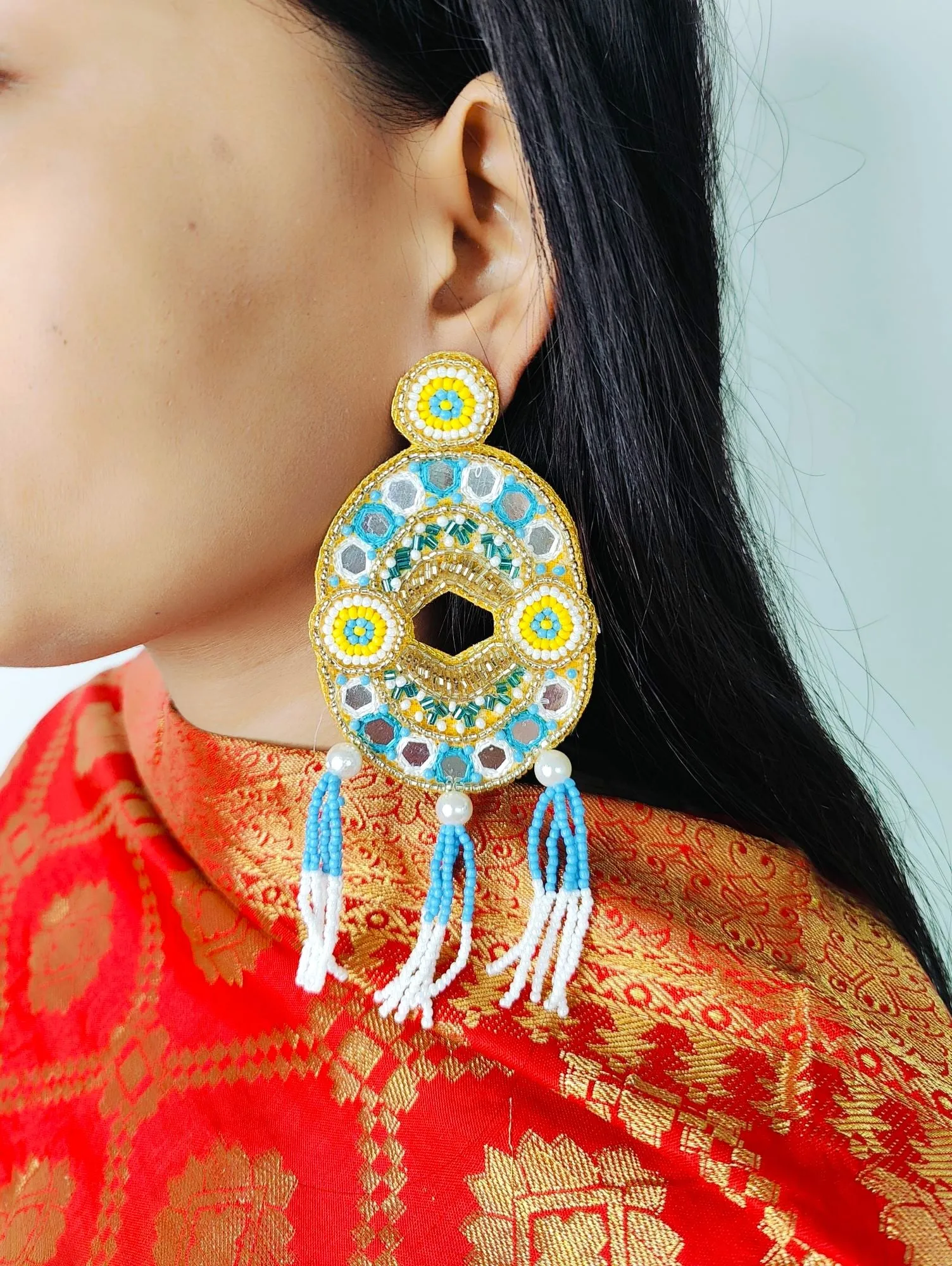 Vibrant Fusion: Yellow and Sky-Blue Handcrafted Beaded Earrings for Haldi Mehndi