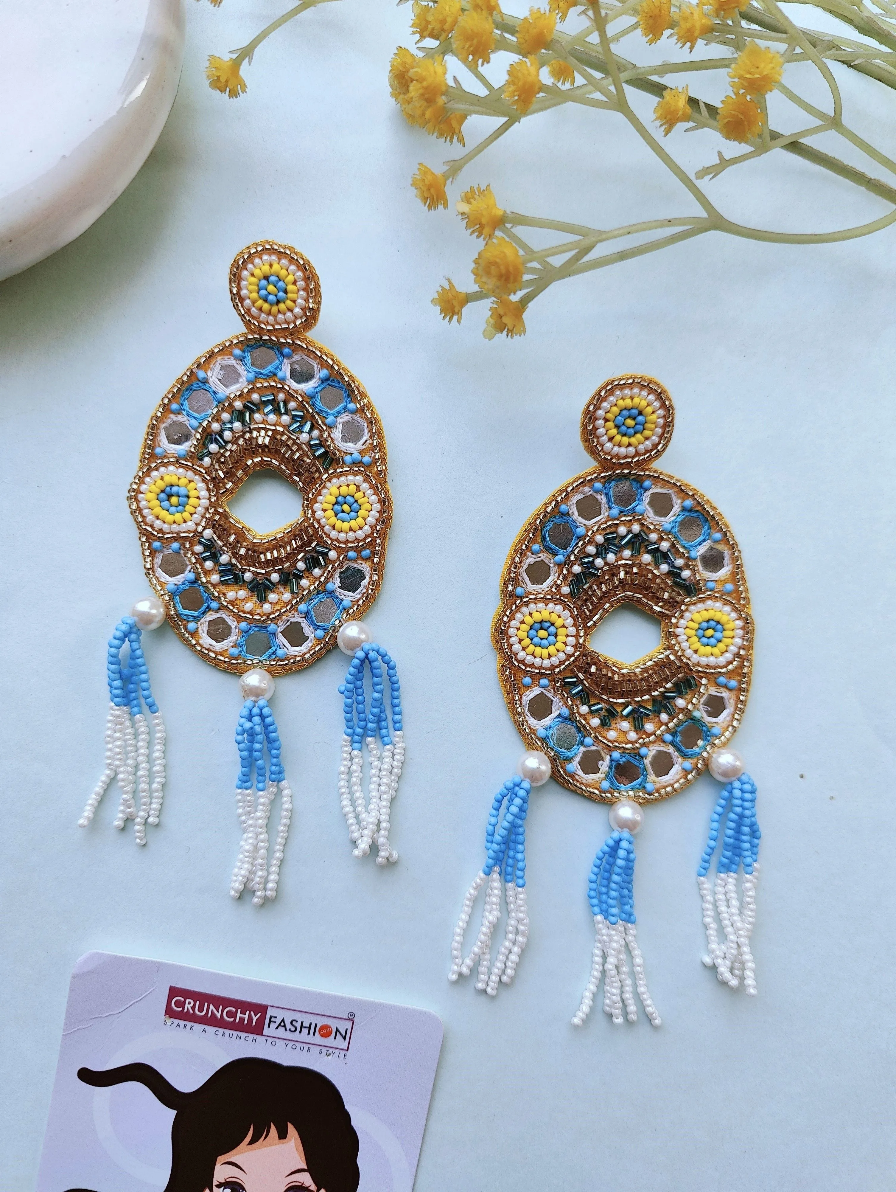 Vibrant Fusion: Yellow and Sky-Blue Handcrafted Beaded Earrings for Haldi Mehndi