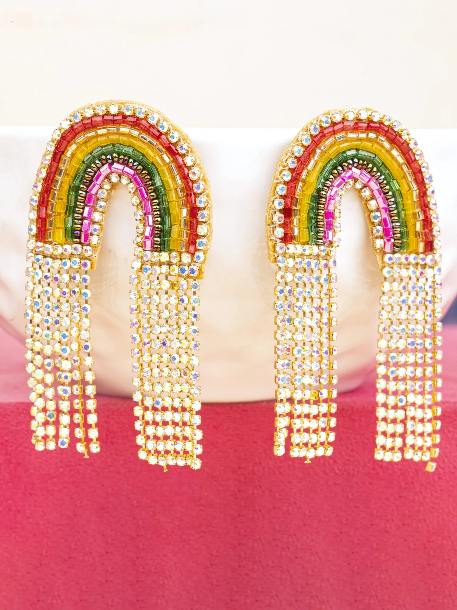 Vibrant Rainbow Beaded Handcraft - Chic Long Tassel Drop Earrings