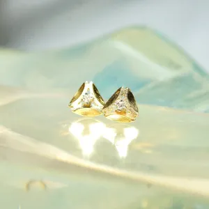 Vintage Minimalist 14K Gold Diamond Stud Earrings, Yellow Gold Rounded Triangle Studs, Prong-Set Accent Diamonds, 585 Pushbacks, 8.5mm