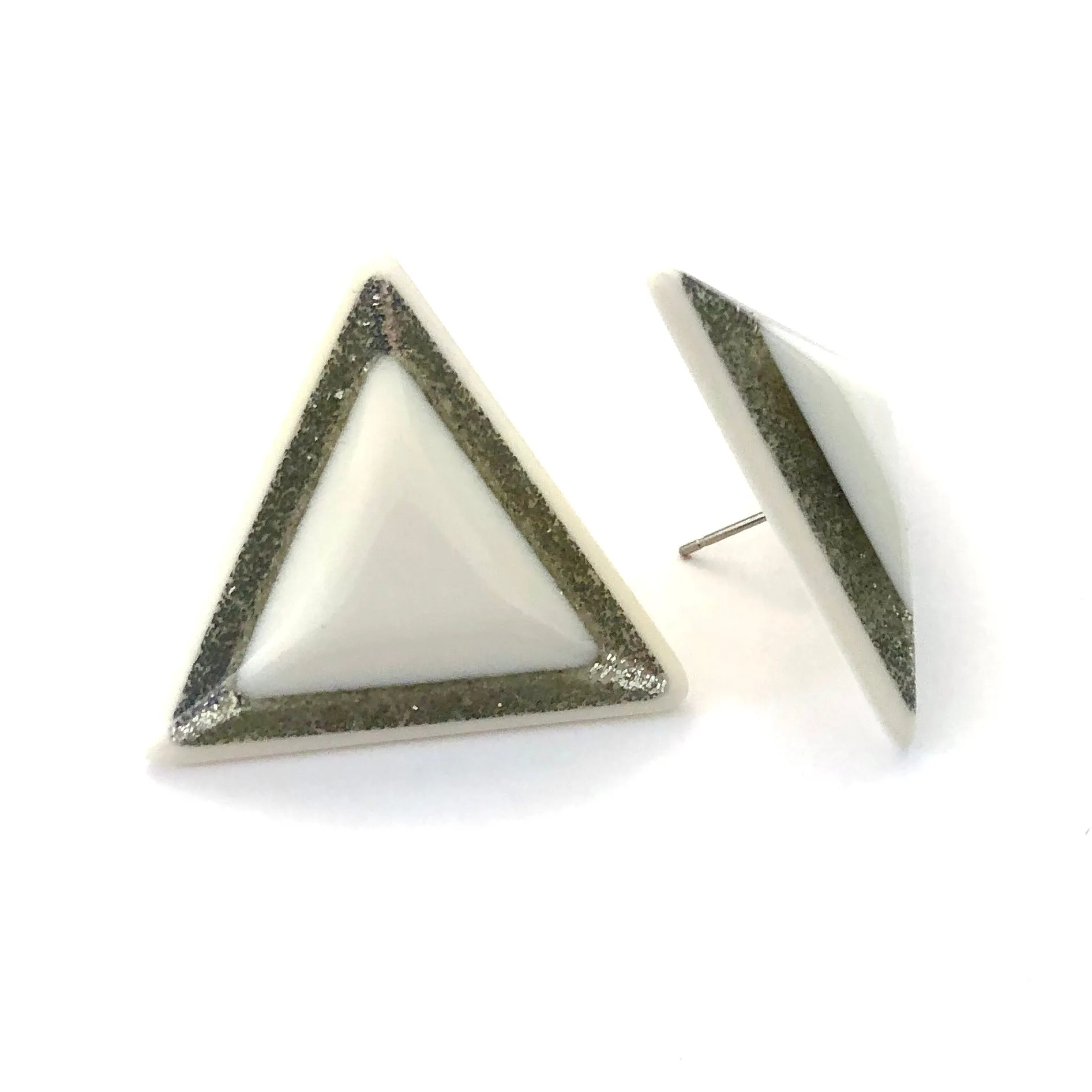 White & Silver Sparkle Triangle Stud Earrings
