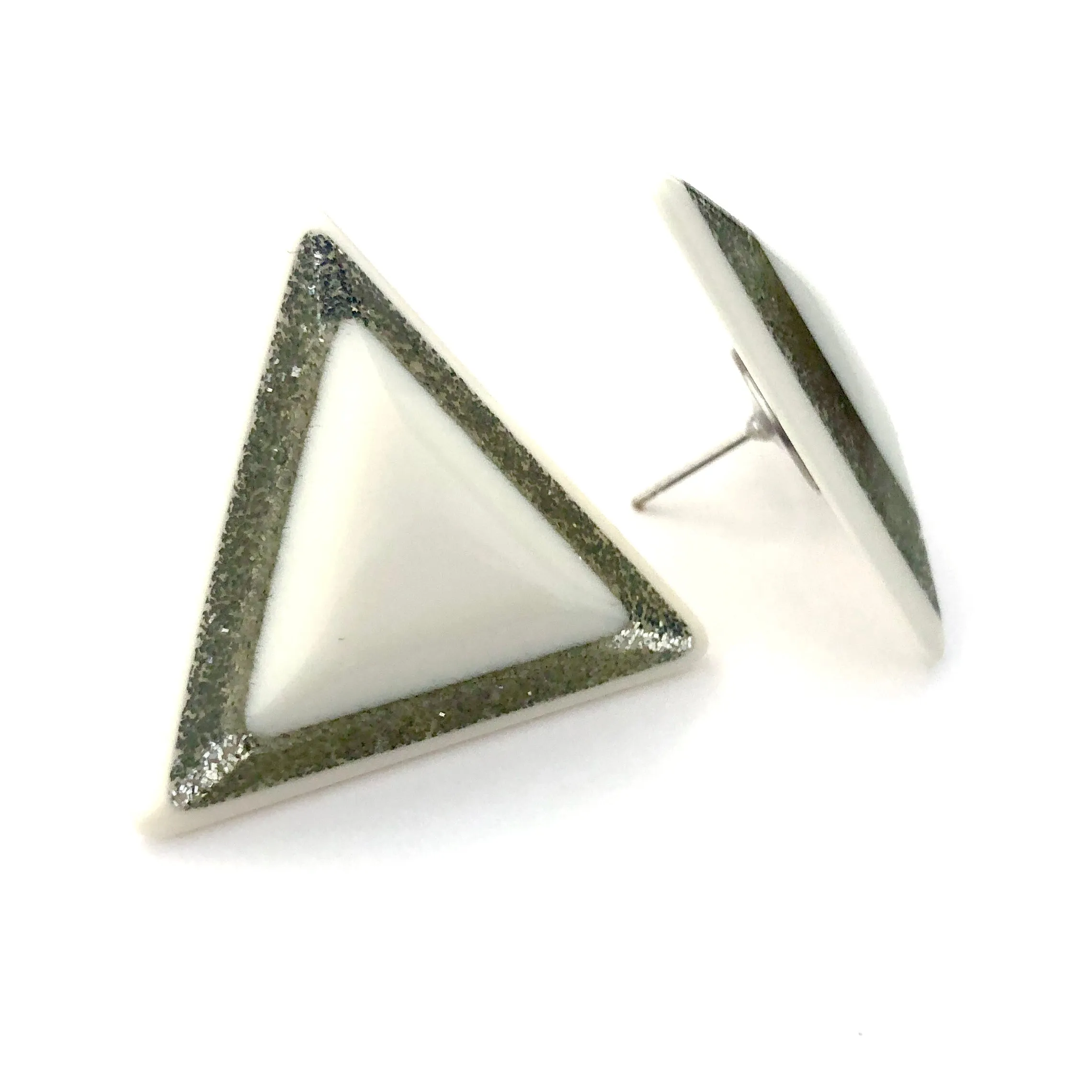 White & Silver Sparkle Triangle Stud Earrings