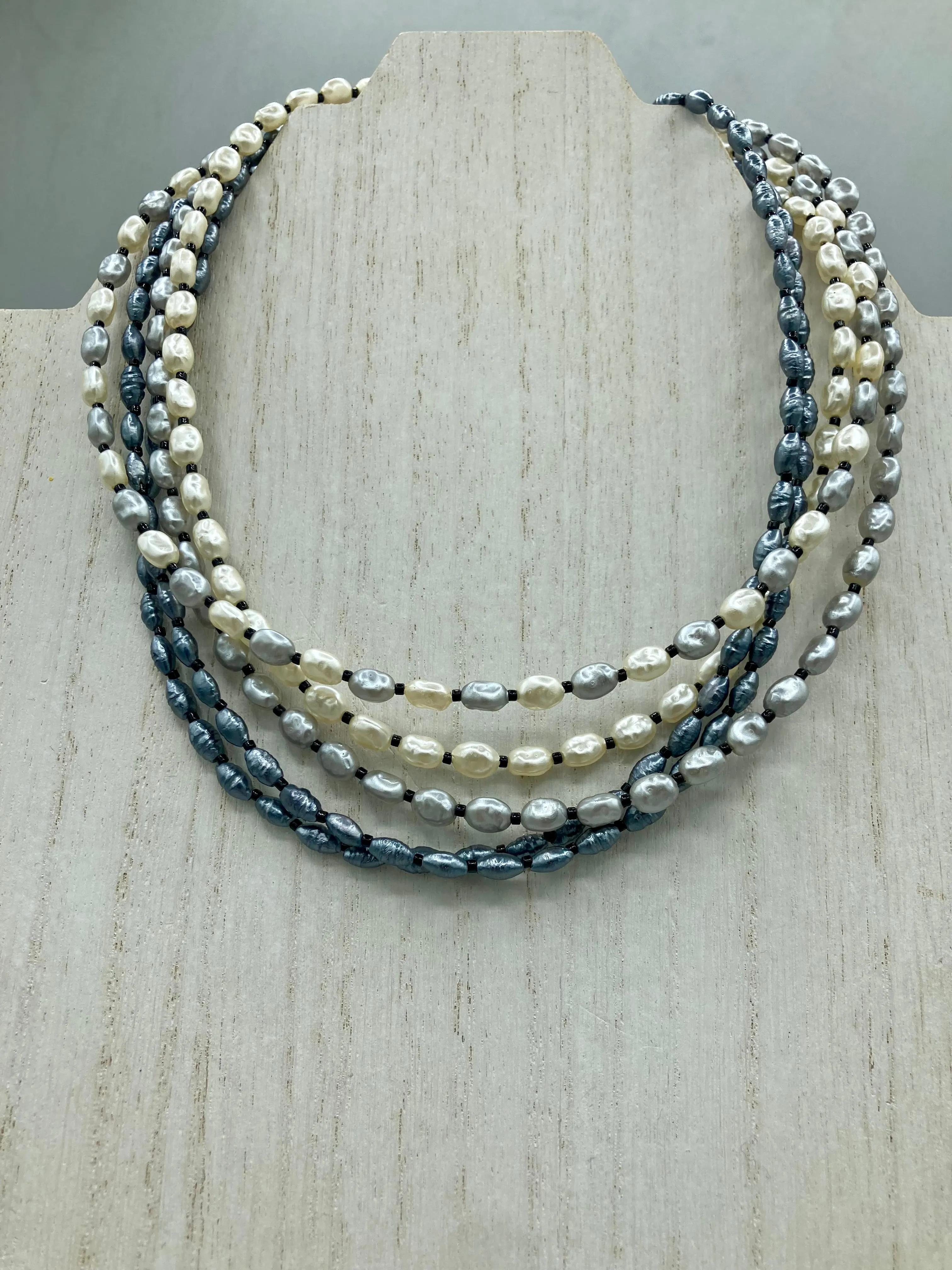 White And Gray Baroque Pearls And Black Glass Beaded Necklace, Shabby Chic, Boho Chic, Nature Inspired