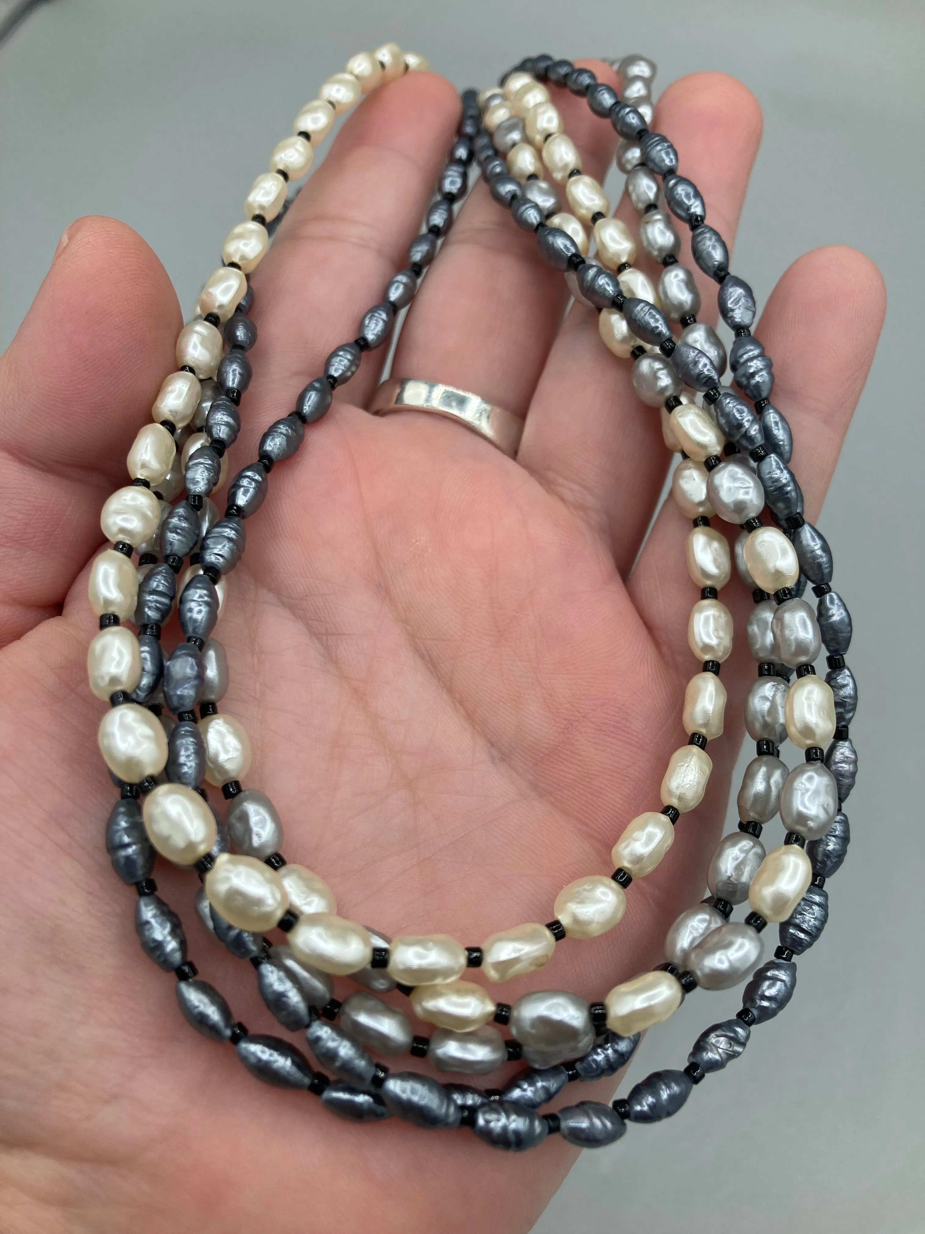 White And Gray Baroque Pearls And Black Glass Beaded Necklace, Shabby Chic, Boho Chic, Nature Inspired