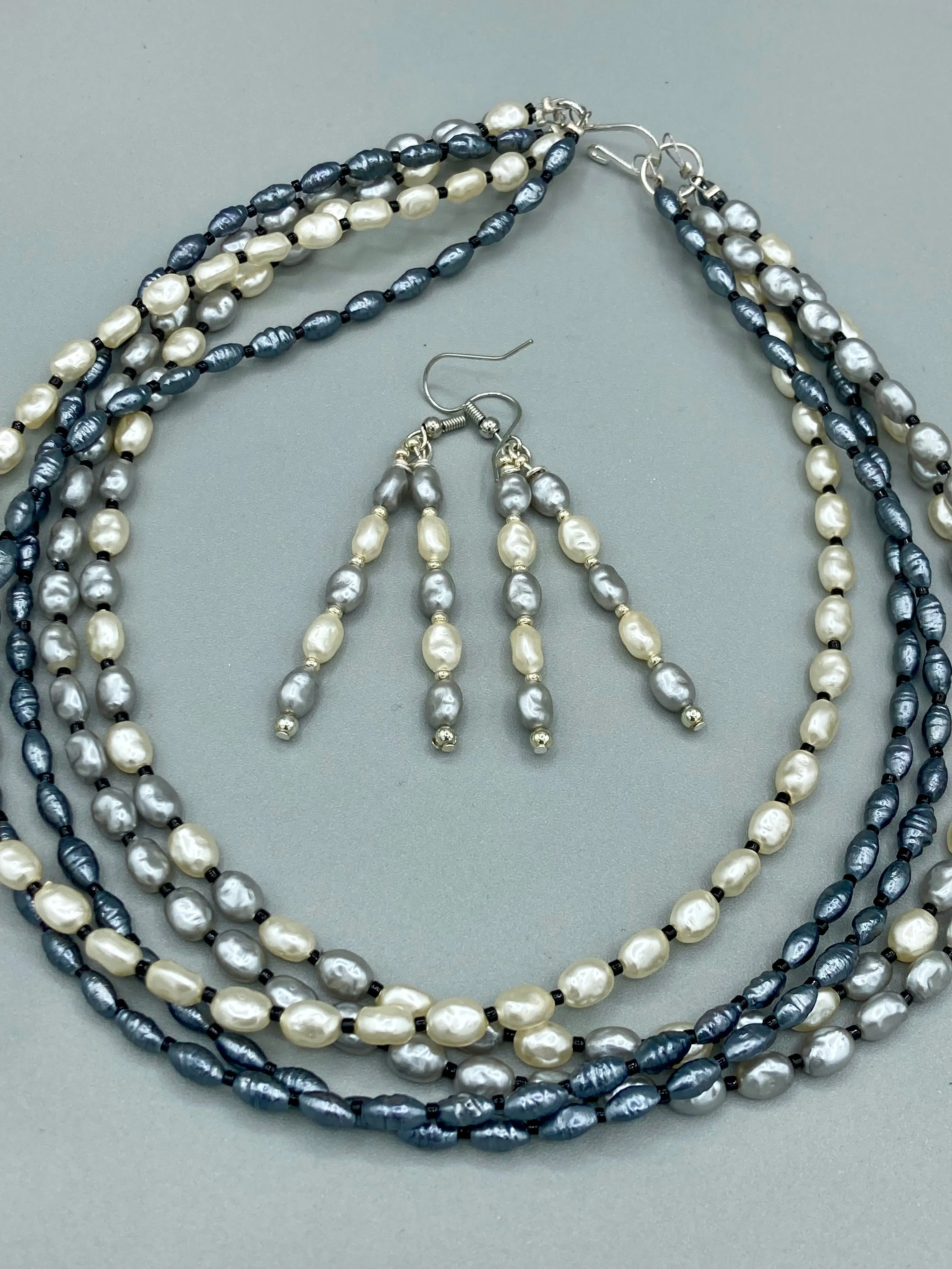 White And Gray Baroque Pearls And Black Glass Beaded Necklace, Shabby Chic, Boho Chic, Nature Inspired