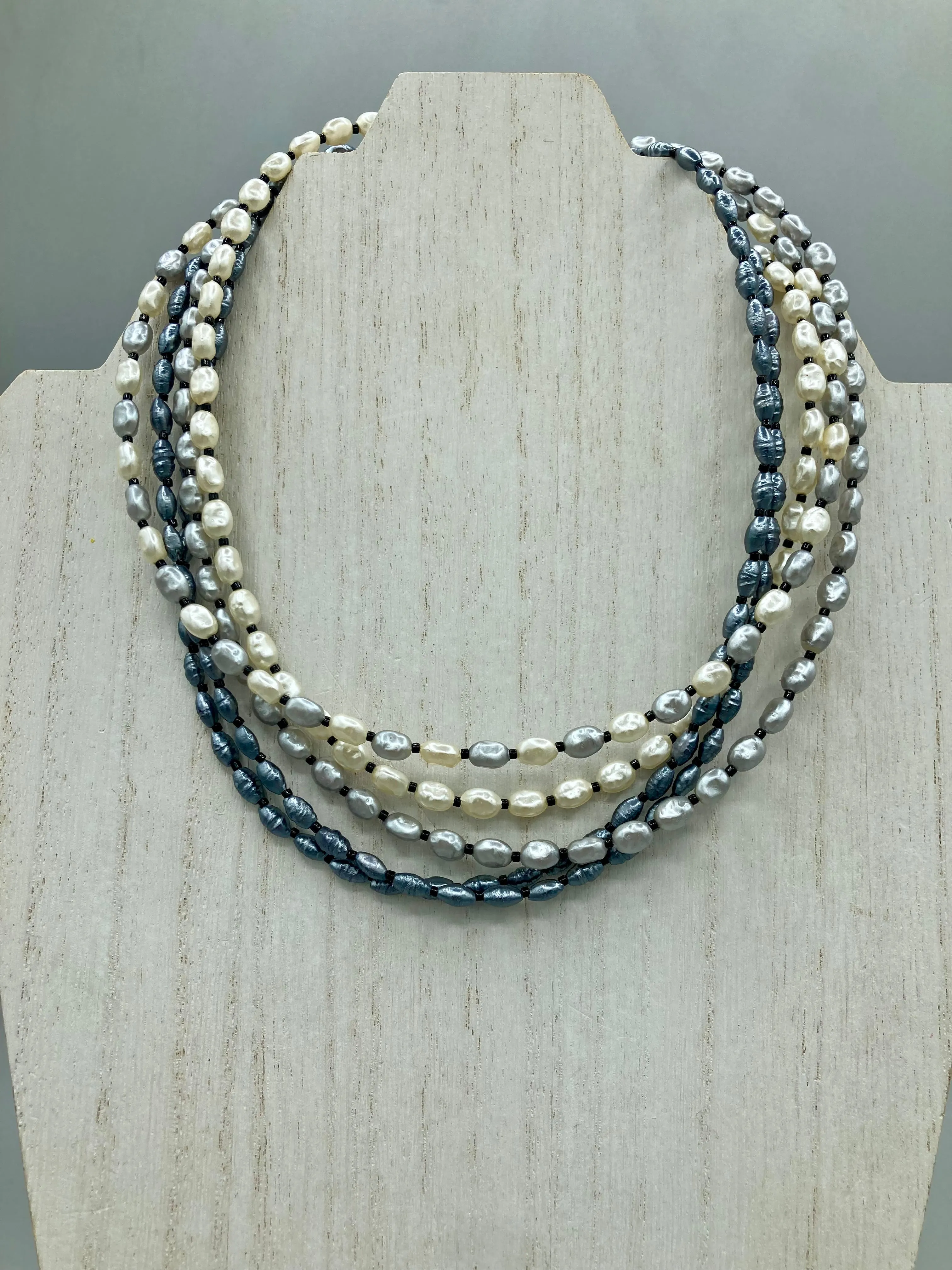 White And Gray Baroque Pearls And Black Glass Beaded Necklace, Shabby Chic, Boho Chic, Nature Inspired