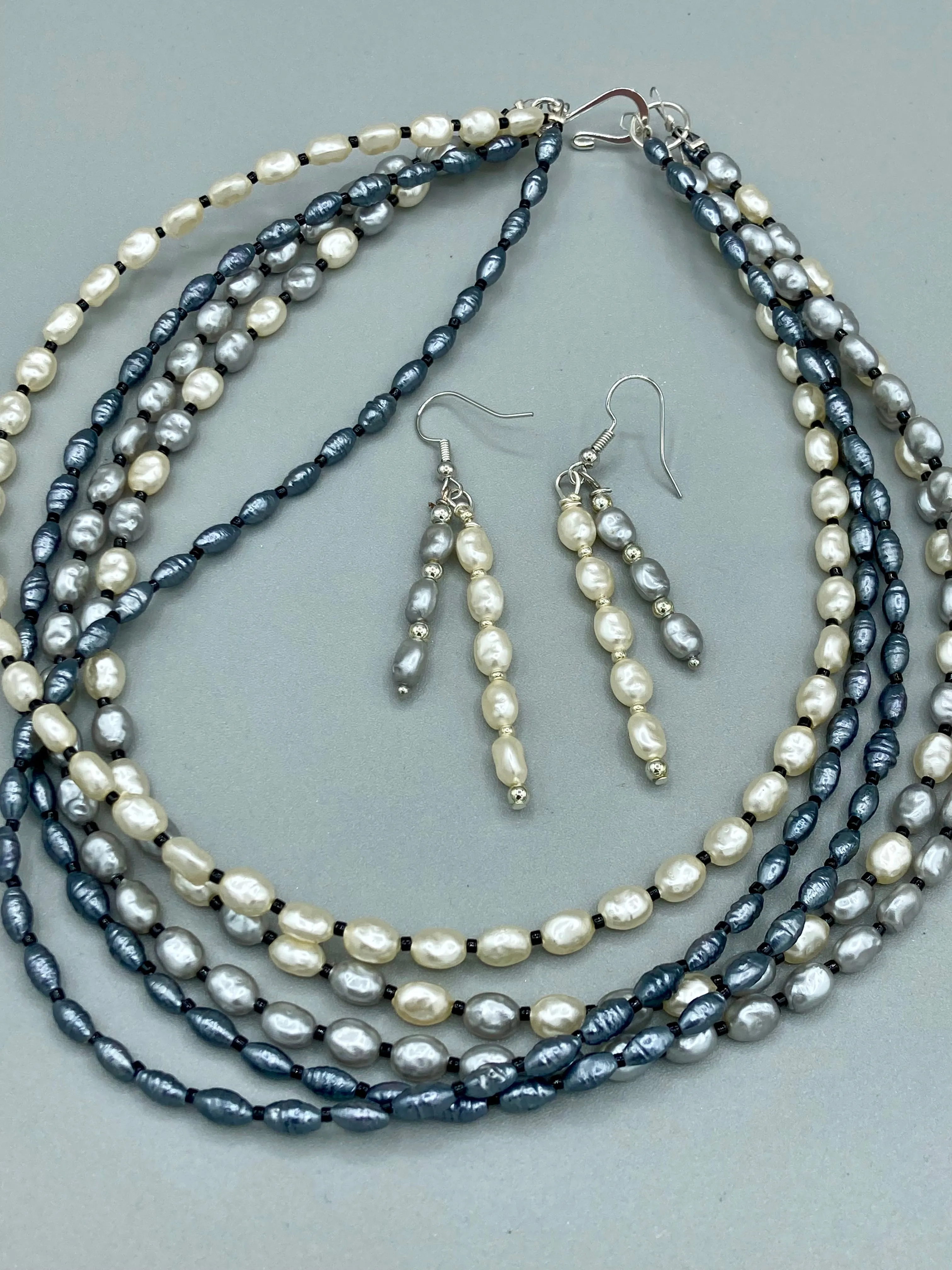 White And Gray Baroque Pearls And Black Glass Beaded Necklace, Shabby Chic, Boho Chic, Nature Inspired