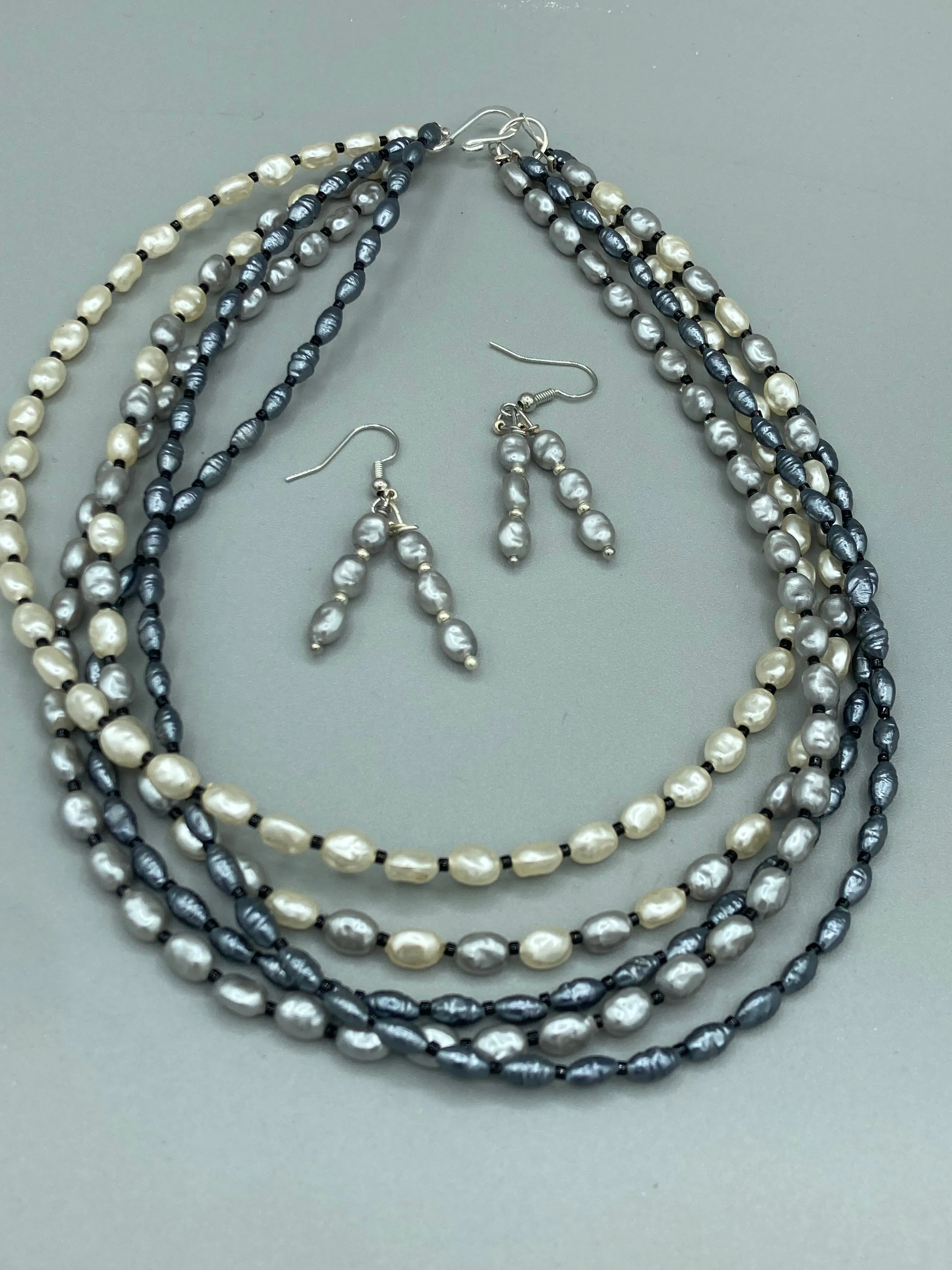 White And Gray Baroque Pearls And Black Glass Beaded Necklace, Shabby Chic, Boho Chic, Nature Inspired