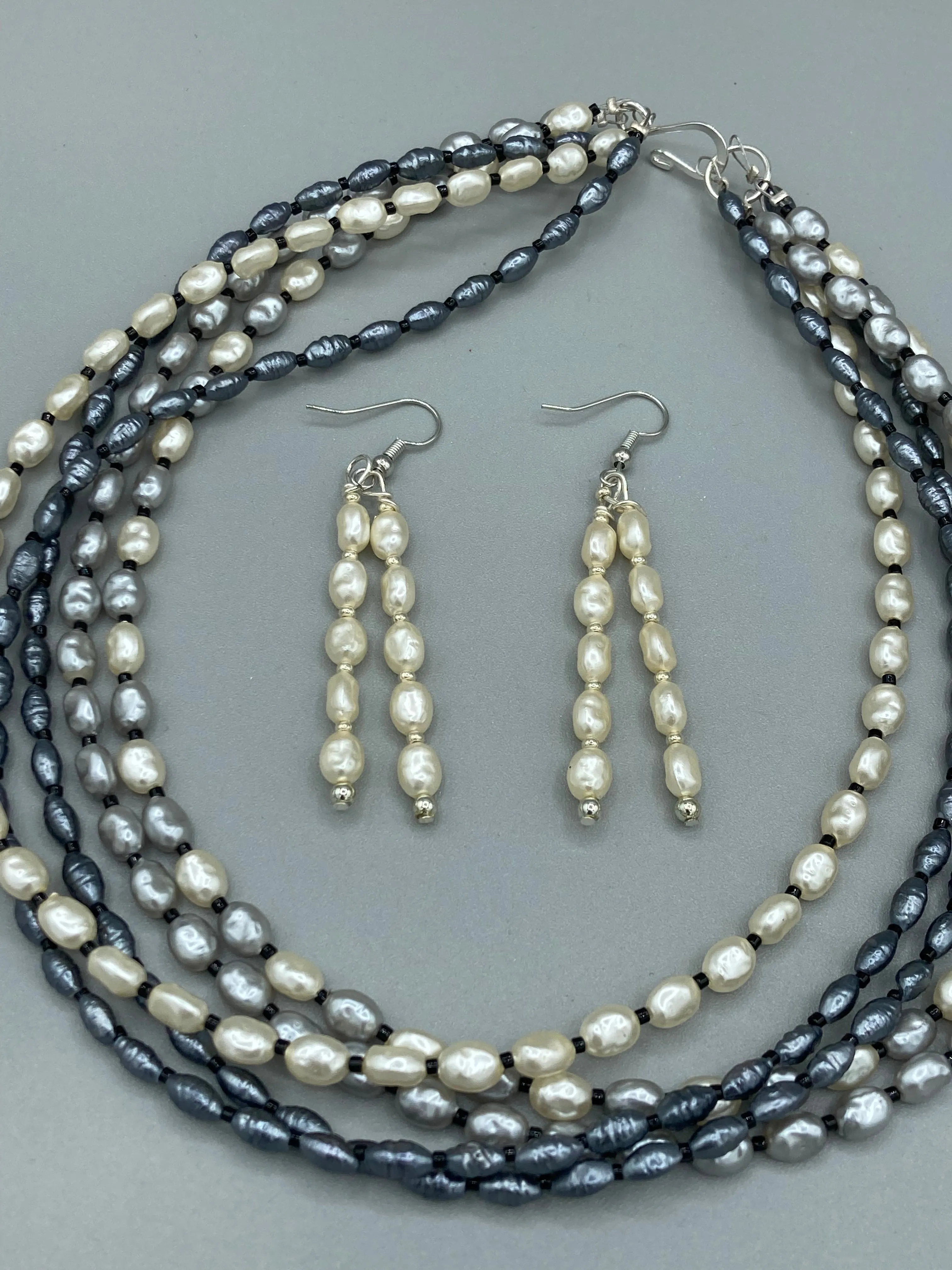White And Gray Baroque Pearls And Black Glass Beaded Necklace, Shabby Chic, Boho Chic, Nature Inspired