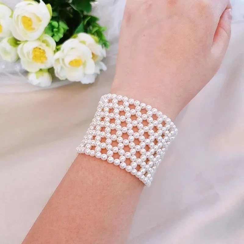 White Pearl Fashion Jewelry Weave Bracelet elastic wide bracelet for Women