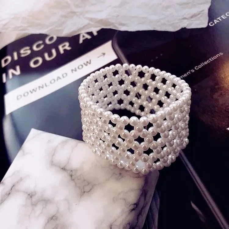 White Pearl Fashion Jewelry Weave Bracelet elastic wide bracelet for Women