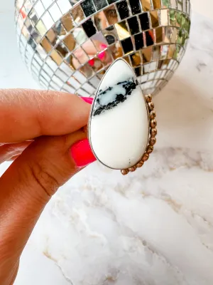 White Variscite Gold Bead Details Statement Ring size 6.5